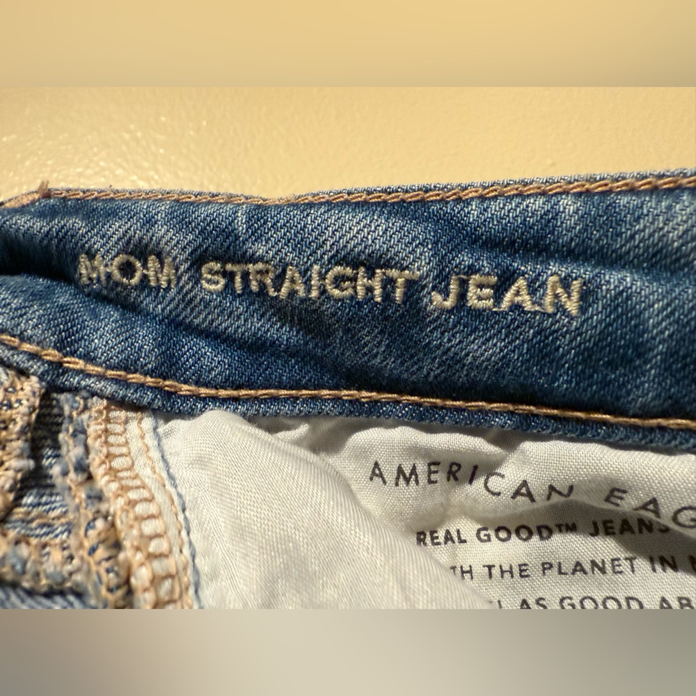 NWT American Eagle Mom Straight Jean Blue Denim plaid patchwork size 8 reg - Picture 11 of 12